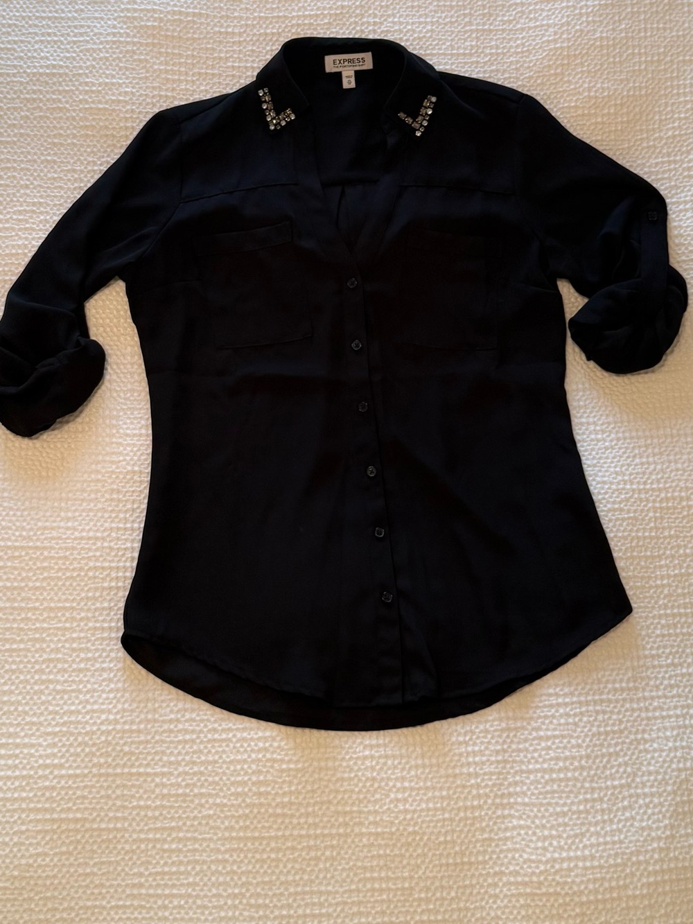 Express | Portofino Jeweled Collar Black Blouse | Size = XS - Picture 1 of 6